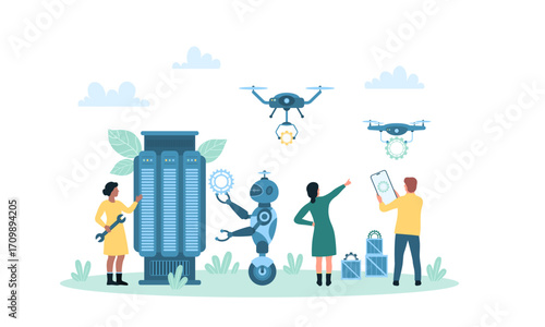 Team of engineers developing and testing robots and drones.