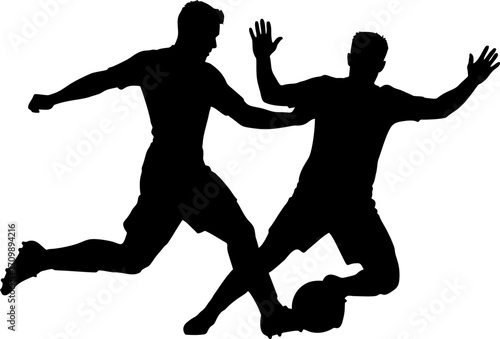 silhouette of two soccer players fighting for the ball