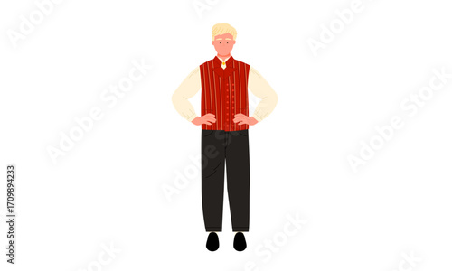 A full-length illustration of a blond man wearing a red sweater vest, standing with his hands on his hips.