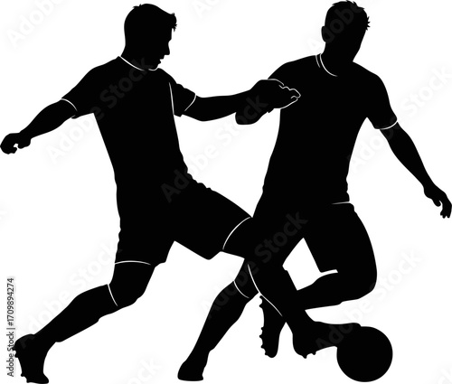 silhouette of two soccer players fighting for the ball