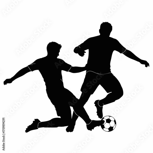 silhouette of two soccer players fighting for the ball