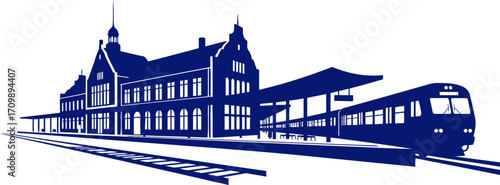 classic train station elegant blue silhouette icon, isolated on transparent background