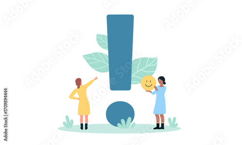 Two women interacting with a large exclamation point graphic, possibly related to feedback or communication.