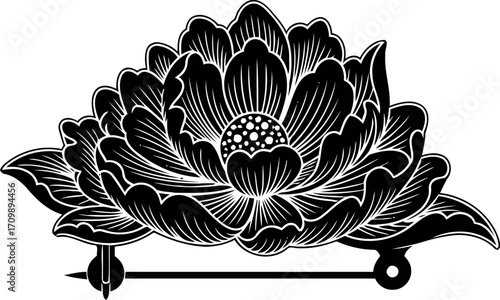 elegant black peony brooch victorian floral design, vintage jewelry silhouette, exquisite graphic, isolated on transparent background