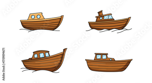 Four simple cartoon brown boats floating on a white background illustration