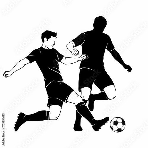silhouette of two soccer players fighting for the ball