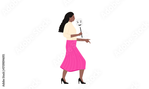 A woman holding a comedy mask while walking, suggesting a persona or performance.