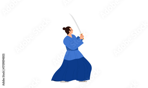 A person in a blue kimono and hakama holding a katana in a martial arts pose, demonstrating a traditional Japanese sword technique.