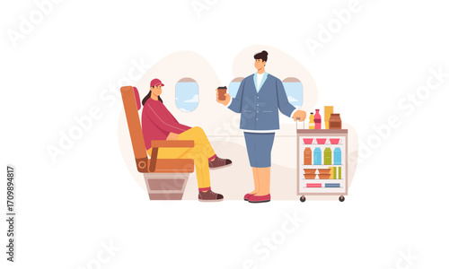 Illustration of a flight attendant serving a passenger on an airplane with drinks and snacks.