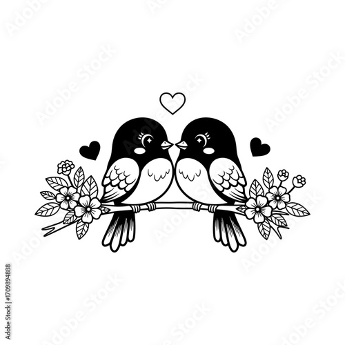 Birds love branch flower heart cute animal romance silhouette vector illustration