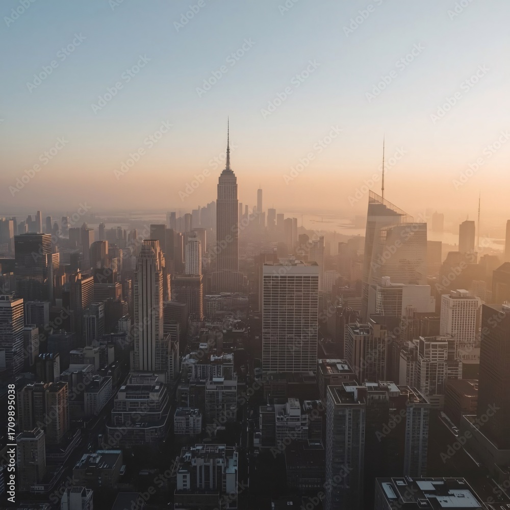Fototapeta premium Wide Cityscape Shot with Orange Sunrise Behind Tall Towers