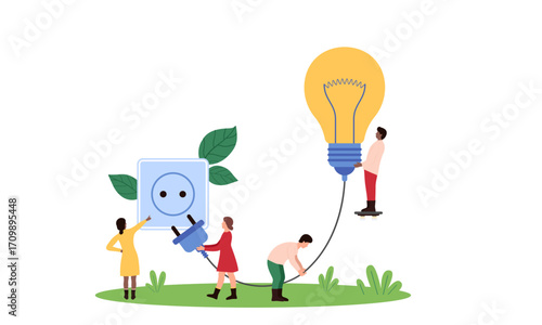 People connecting a power source to a lightbulb, symbolizing ideas and energy.