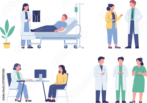 Medical illustration of doctors consulting patients, hospital healthcare service, teamwork, treatment discussion, diagnosis explanation, professional staff, modern clinic environment