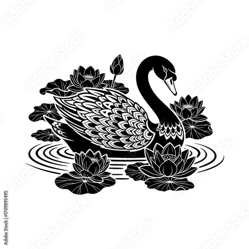 Elegant swan water lily pond monochrome nature wildlife silhouette vector illustration
