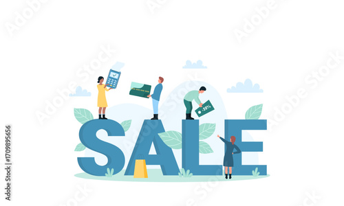 Sale illustration with people putting items on the letters.