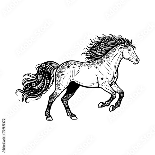 Running horse floral mane stallion equine silhouette vector illustration