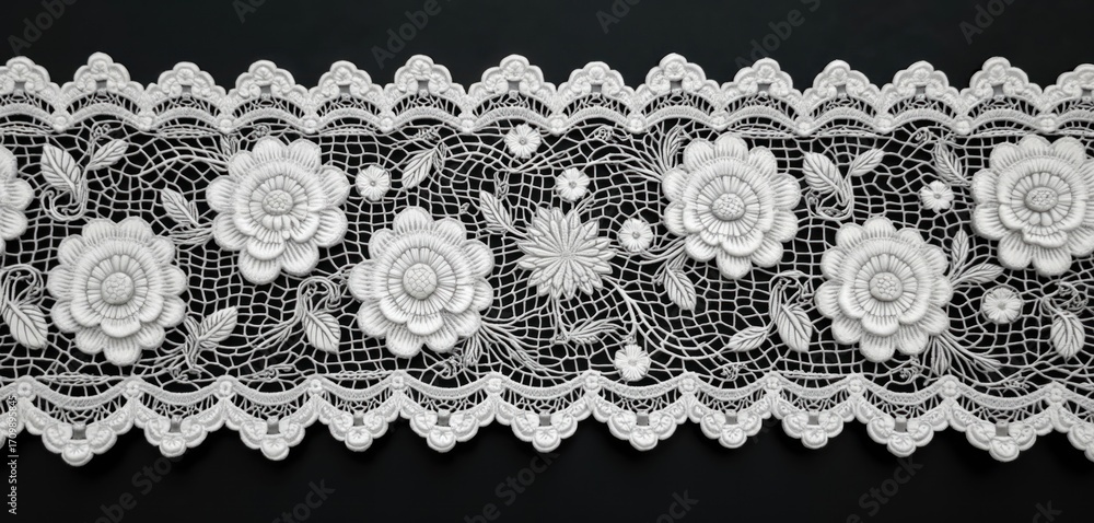 Elegant white floral lace fabric textile features intricate floral patterns, embroidered flowers with seamless repeat design. Luxurious material offers vintage yet stylish aesthetic perfect for