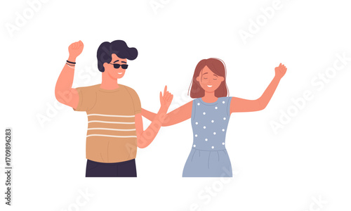Two people are dancing and celebrating with their arms raised in the air, happy.