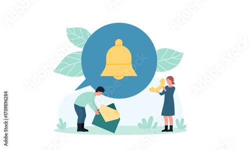 Illustration of people interacting with a notification bell and envelope.