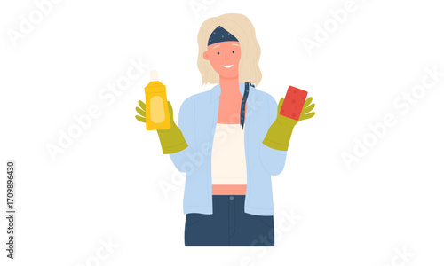 A woman wearing gloves and holding a cleaning spray bottle and a sponge, ready for household chores.