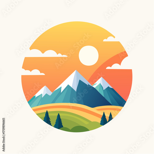 An illustration of a serene mountain landscape at sunrise