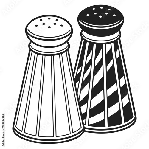 Black and white closeup of two glass salt and pepper shakers on a table