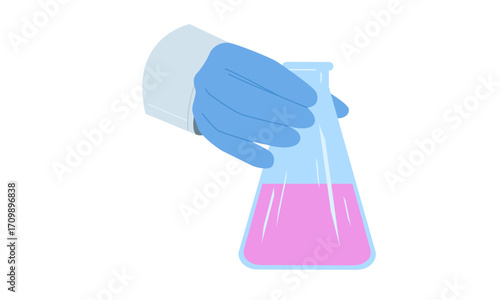 Hand in a blue glove holding a flask with pink liquid, symbolizing scientific research and experimentation