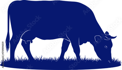 serene cow grazing a navy blue silhouette of peaceful countryside, isolated on transparent background