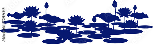serene blue water lilies silhouette tranquil pond, botanical art, peaceful nature design, isolated on transparent background