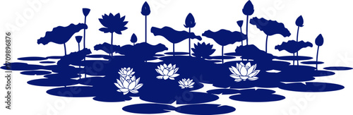 serene midnight blue lotus pond tranquil water lilies, peaceful night bloom, asian zen garden design, isolated on transparent background