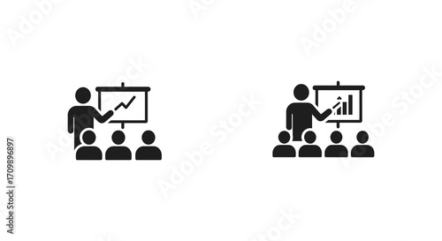 Presentation and lecture icons featuring a speaker and audience members