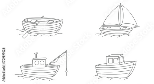 Simple black and white line drawing of various small boats at sea