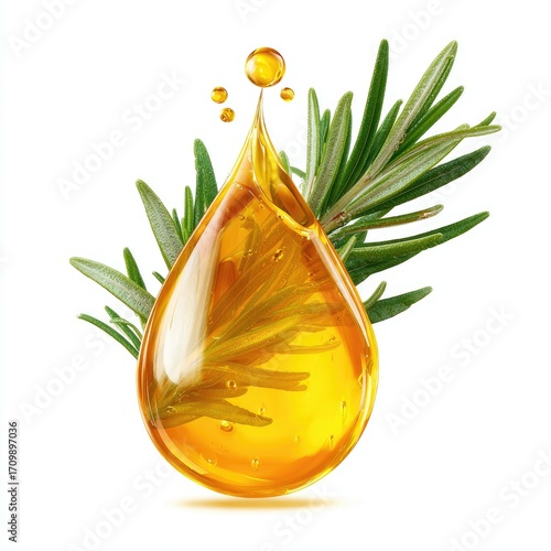 Golden oil drop with fresh rosemary sprigs
