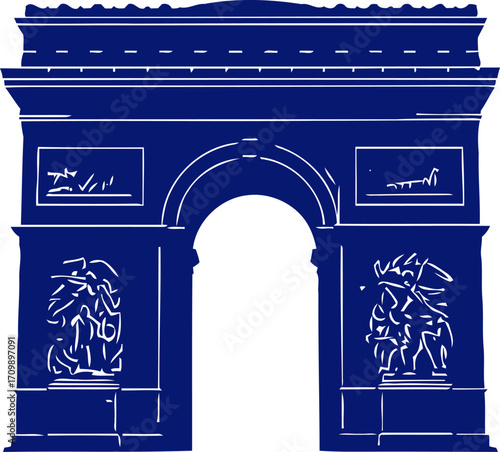 triumphal arch majestic parisian icon, deep blue graphic, isolated on transparent background