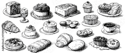 A collection of hand-drawn illustrations of various pastries, cakes, and desserts.  Detailed line art depicts pastries like croissants, cakes, muffins, cookies, and other sweet treats