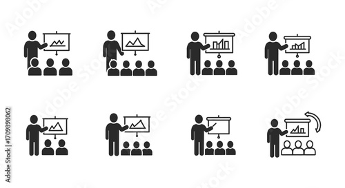 Presentation scenes with people screens and charts depicted as simple glyphs