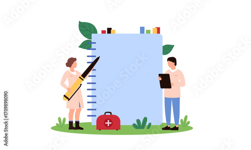 Vector illustration of two doctors reviewing a large medical record with a first aid kit.