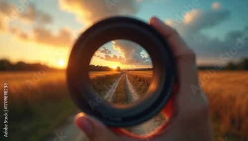 Pathway through golden wheat field leads to sunset horizon. Hand holding lens frames distant road. Long term vision, strategic planning, and foresight guide decisions towards opportunity and success.