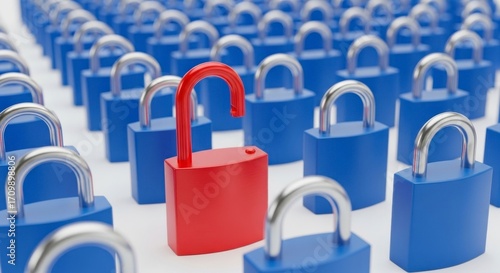 Vulnerability and Opportunity - A Single Unlocked Red Padlock Stands Out from the Secure Blue Crowd.