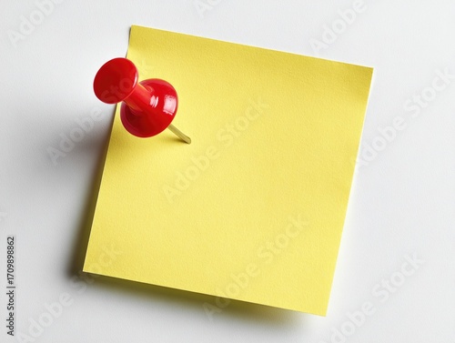 A bright yellow sticky note affixed to a white surface with a red pushpin