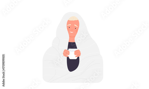 Flat vector illustration of a person feeling unwell or cozy, wrapped in a white blanket and holding a hot drink mug.