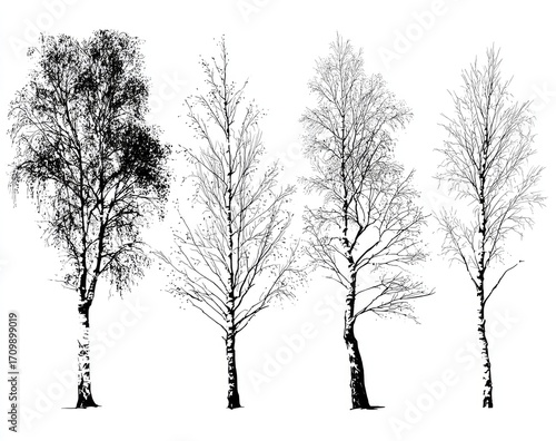 Four bare birch trees, black and white