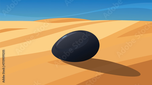 Illustration of a black stone in the desert with a blue sky