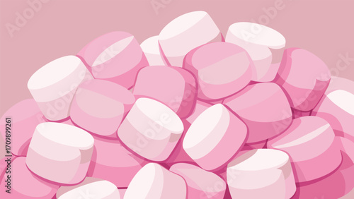 Illustration of a group of pink marshmallows on a pink background