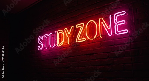 Pink And Orange Neon Study Zone Sign On Brick Wall