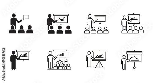 Presentation icons depicting speakers audiences and various slideshow setups