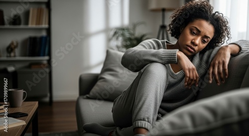Sunlit Despair - A Tired Woman in Grey Loungewear Slumped on a Living Room Sofa.