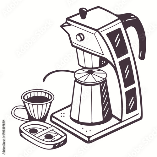 Espresso coffee machine with a hot cup of coffee on a white background
