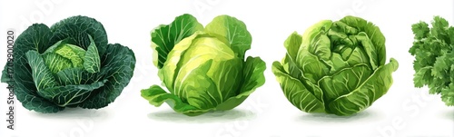 Three different types of cabbages and a sprig of herbs displayed on a white background