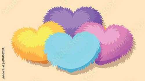Illustration of colorful hearts on a beige background with soft shadows